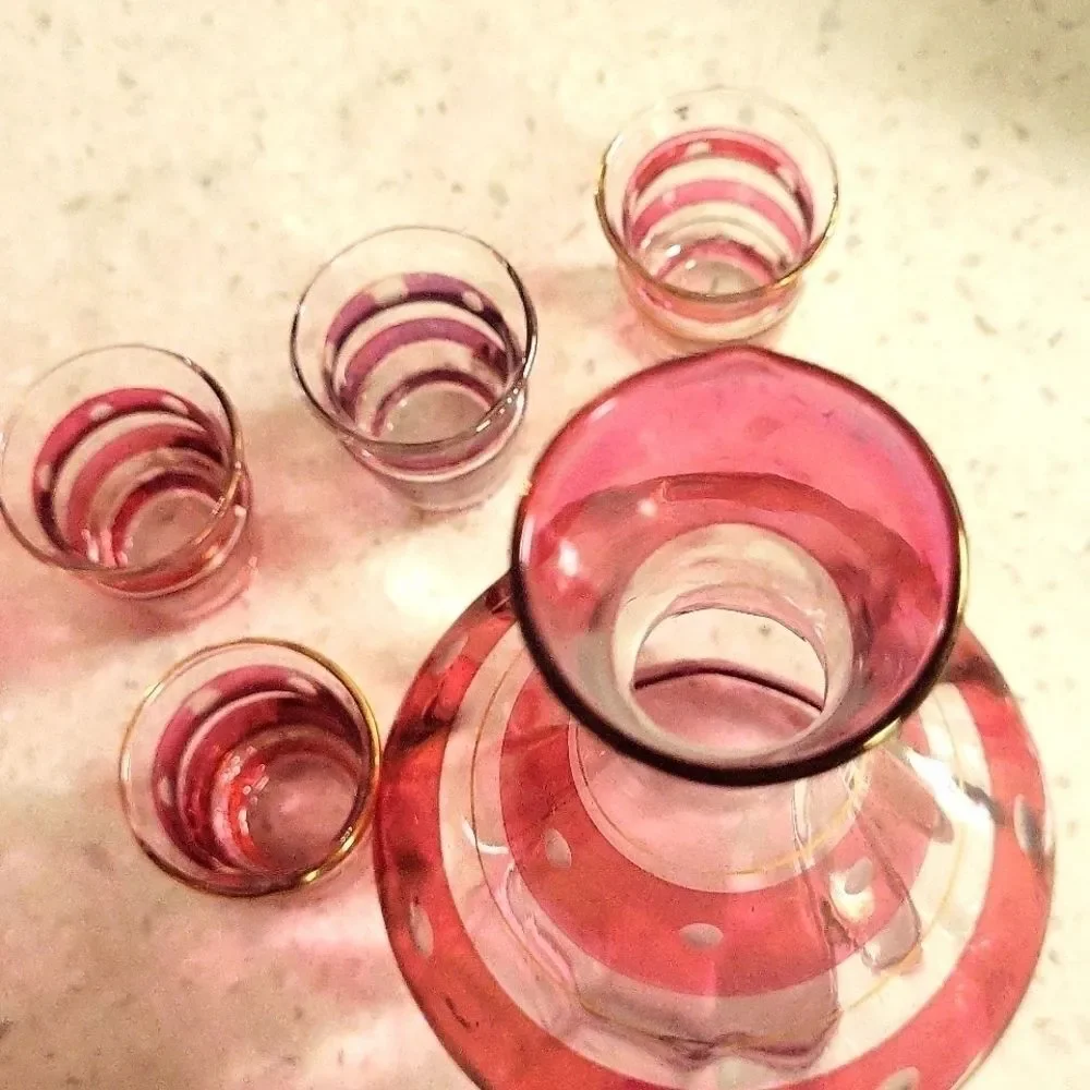ELEGANT VINTAGE CRANBERRY GLASS DECANTER SET